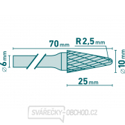 Fréza karbidová, kónická zaguľatená (R 2,5mm), pr.10x25mm/stopka 6mm, sek stredná (double-cut) Náhľad