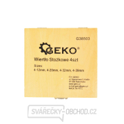 Vrtáky stupňovté GEKO, sada 4ks, 4-12mm, 4-20mm, 4-32mm, 4-39mm, drevená kazeta, TiN Náhľad